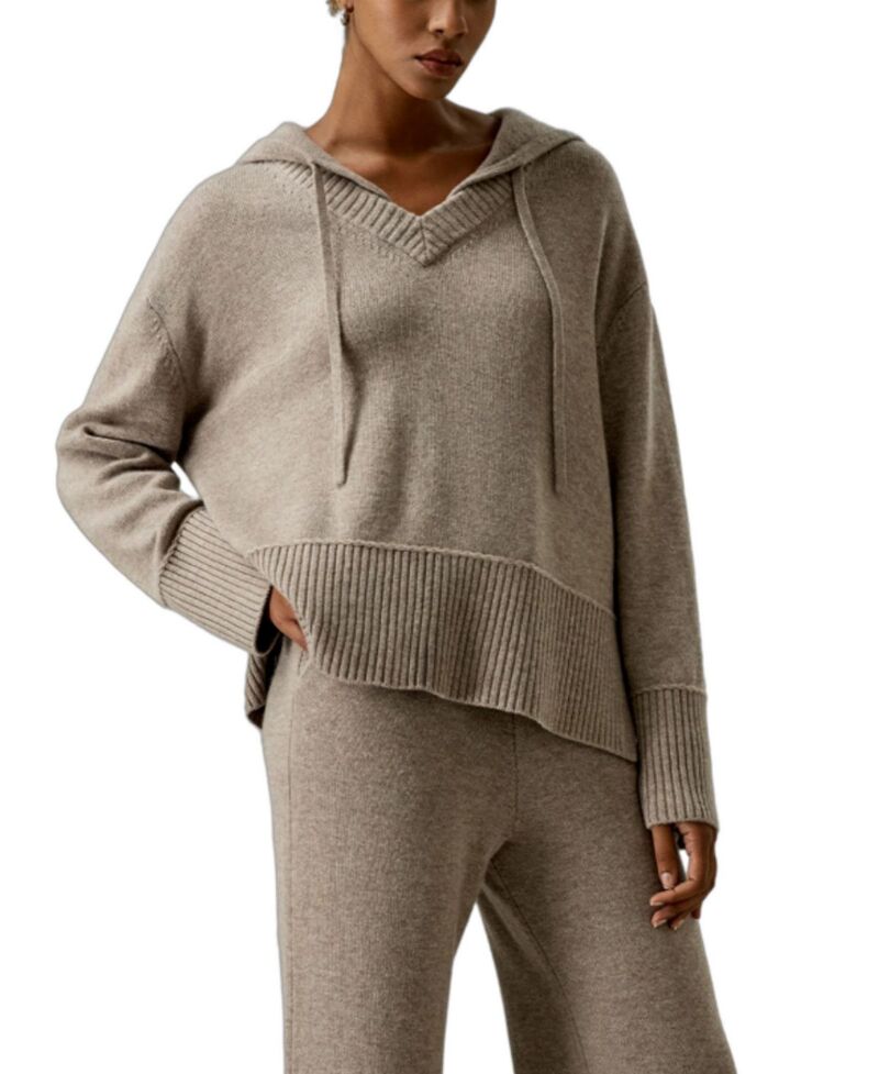 リリーシルク レディース アウター パーカー・スウェット Vネック ウール LILYSILK V Neck Wool-Cashmere Blend Hoodie Camel キャメル|ReVida 店