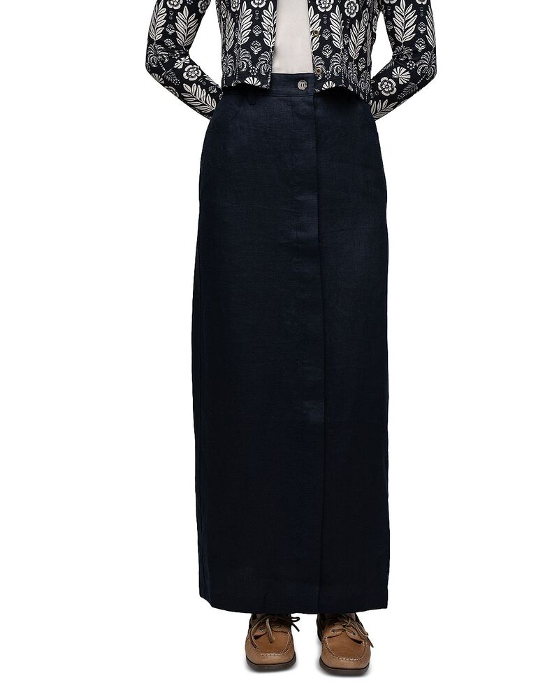 尖んがり レディース 下つ方スコート リネン Point Linen Sheath Skirt Navy 米国海軍