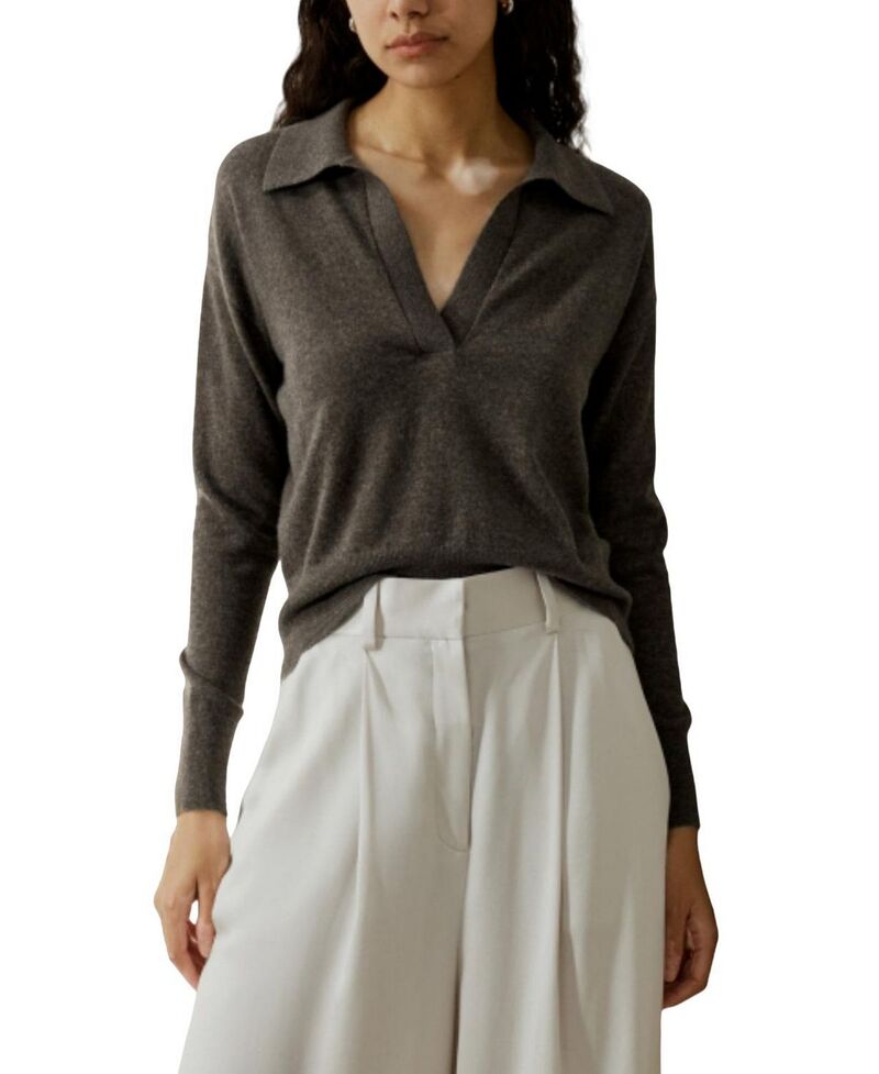 リリーシルク レディース アウター ニット・セーター ポロシャツ LILYSILK Women's Neck Cashmere Polo Sweater Brown ブラウン｜ReVida 店