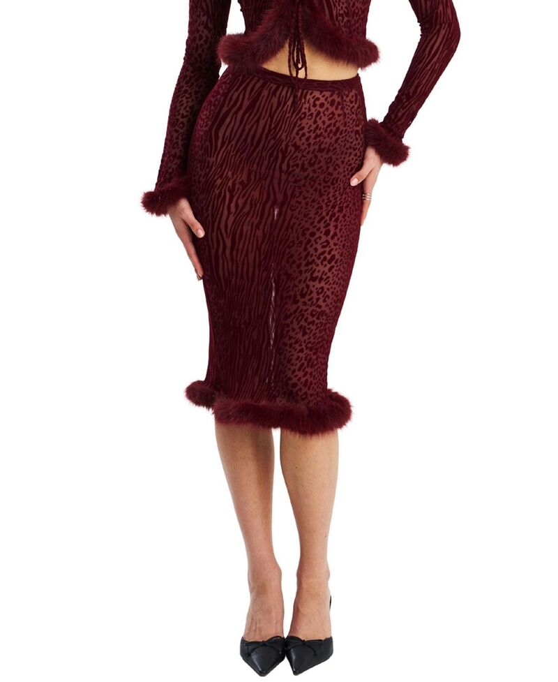 し損ない倶楽部 レディース 下つ方スコート 毛の荒物柄 刷り上げる 天鵝絨 Miss Circle Halianimal Print Burnout Velvet Faux Fur Trim Skirt Burgundy バーガンディ