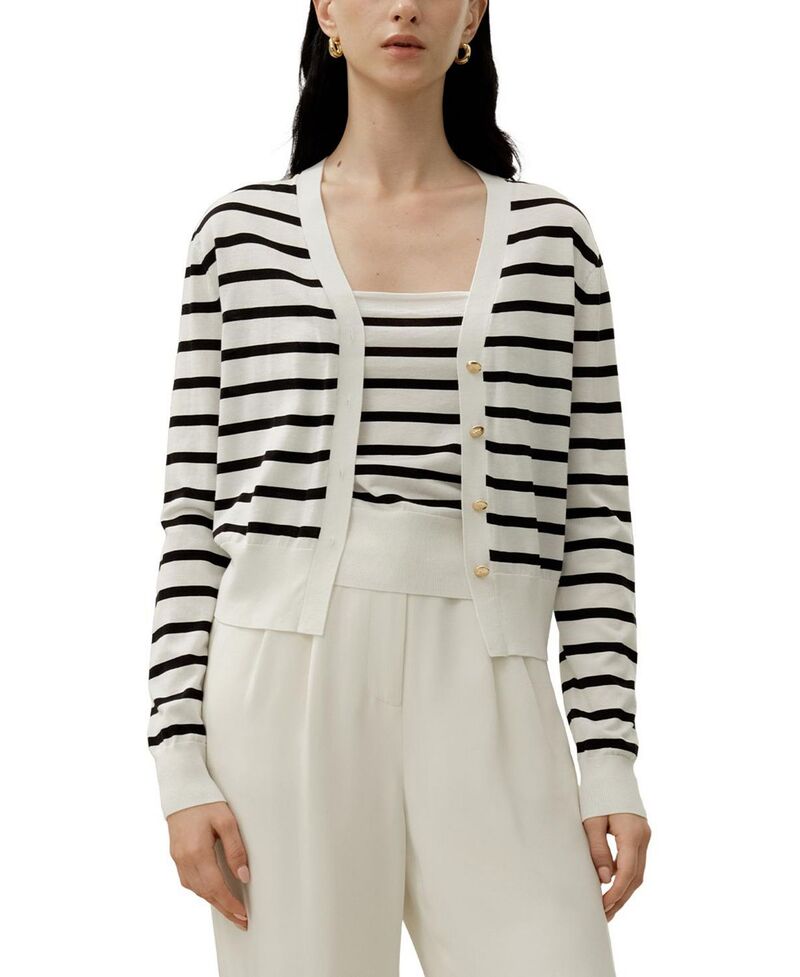 リリーシルク レディース アウター カーディガン コットン ニット LILYSILK-Cotton Striped Knit Cardigan Set Black&White Stripes ホワイト｜ReVida 店