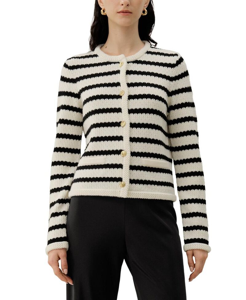 リリー絹地 レディース アウター ジレー 羊毛 LILYSILK Stripped Crochet Washable-Wool Cardigan Black\u0026White Stripes 白いこと