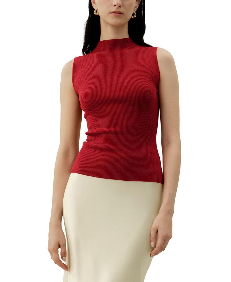 リリー絹地 レディース アウター 限りない 毛糸 ノースリーブ 編み物 LILYSILK Seamlessleeveless Knit Washable-Wool Vest Red 赤いこと
