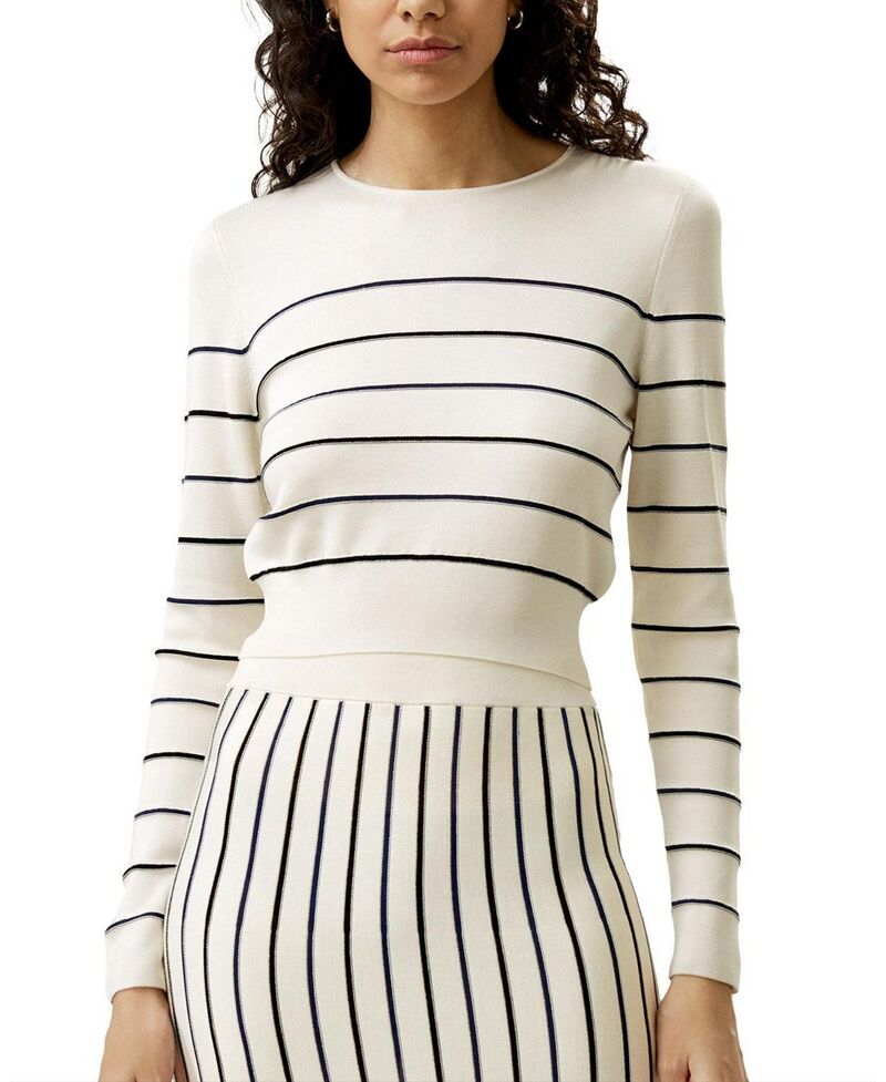 リリーシルク レディース トップス Tシャツ クロップド ニット LILYSILK Cropped Silk-Knitted Long Sleeve Tee White with Stripes ホワイト|ReVida 店