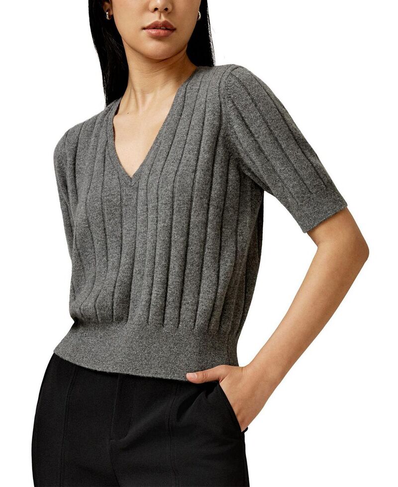 リリー絹地 レディース トップス プルオーバー Vのど首 LILYSILK V-Neck Cashmere T-shirt Medium Gray 薄墨色