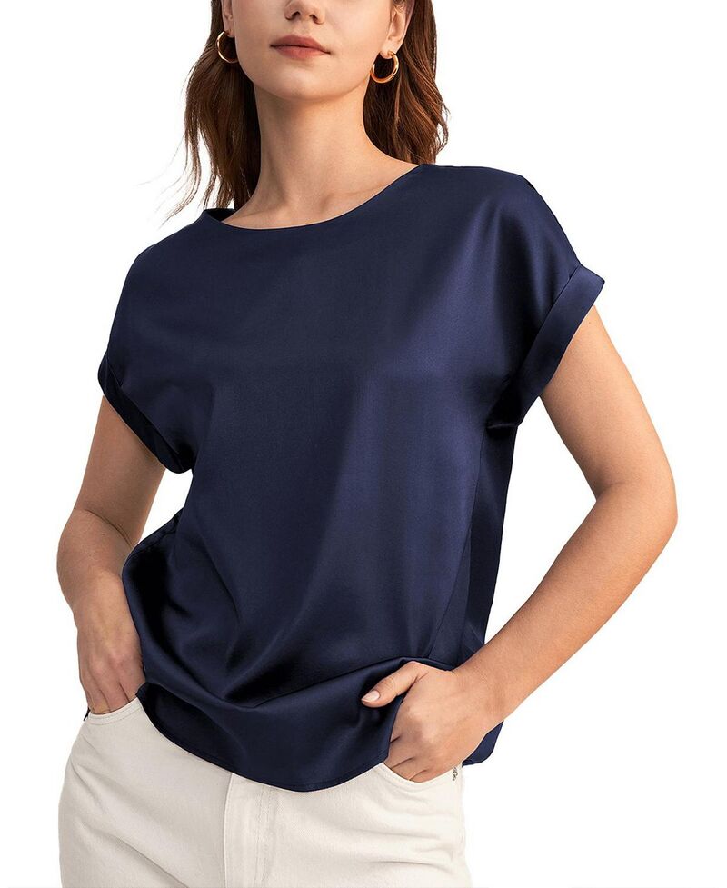 リリー絹地 レディース トップス プルオーバー LILYSILK Short Sleeves Round Neck Silk Tee Navy Blue 米国海軍