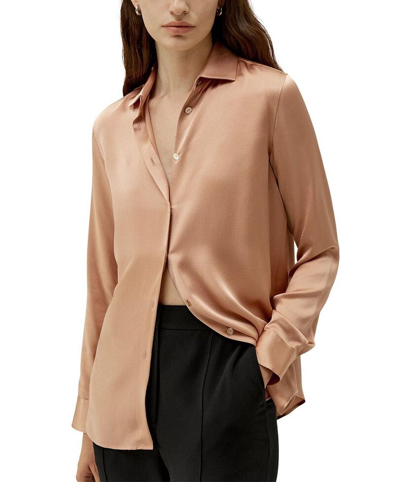 リリーシルク レディース トップス シャツ ミニ ブラウス LILYSILK Minimalist Placket Silk Blouse with Shell Buttons Quartz Rose｜ReVida 店