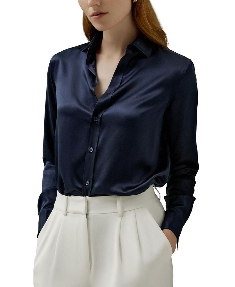 リリー絹地 レディース トップス プルオーバー LILYSILK Tailored Silk Shirt Navy Blue 米国海軍