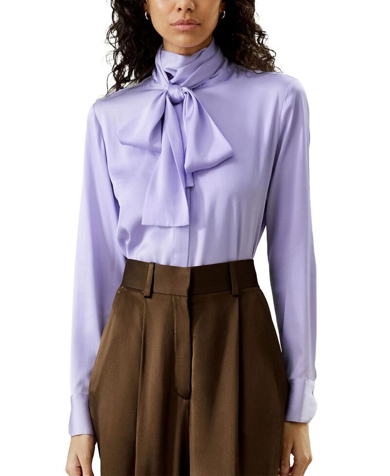 リリー絹地 レディース トップス プルオーバー タートルネック トップ LILYSILK Turtleneck Ribbon Blouse Lilac 紫はしどい
