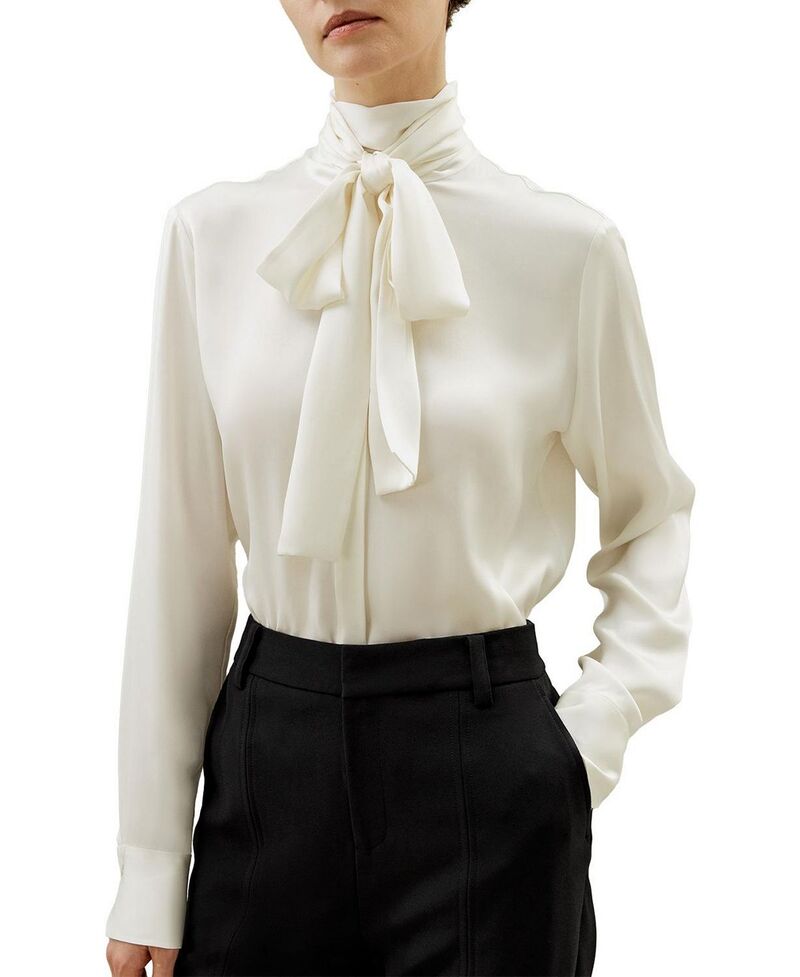 リリー絹地 レディース トップス プルオーバー タートルネック トップ LILYSILK Turtleneck Ribbon Blouse Natural White 白いこと