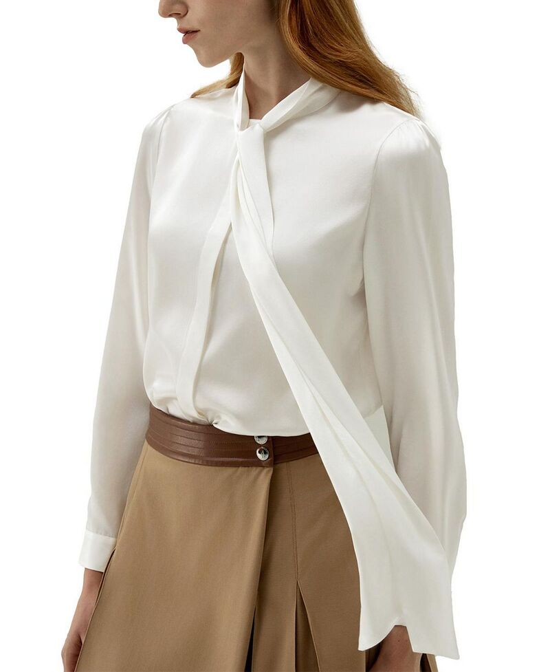 リリーシルク レディース トップス シャツ ブラウス LILYSILK Women's Bow-tie Neck Silk Blouse Natural White ホワイト｜ReVida 店