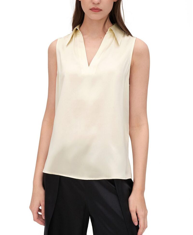 リリー絹地 レディース トップス プルオーバー Vのど首 ノースリーブ LILYSILK V-Neck Sleevelessilk Violet Shirt for Women Lily White 白いこと