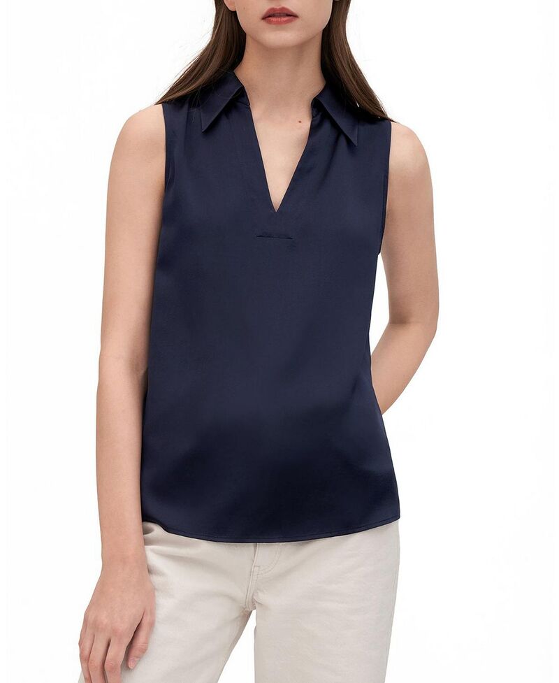 リリー絹地 レディース トップス プルオーバー Vのど首 ノースリーブ LILYSILK V-Neck Sleevelessilk Violet Shirt for Womenavy Blue 米国海軍