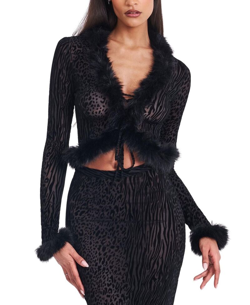 ミスサークル レディース トップス シャツ メッシュ ベルベット Miss Circle Hali Burnout Velvet Stretch Mesh Faux Fur Trim Top Black ブラック｜ReVida 店