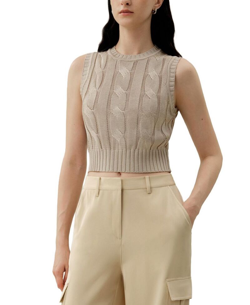 リリー絹地 レディース トップス プルオーバー クロップド 編み物 LILYSILK Cable Knitussah Silk Cropped Top Beige ベージュ