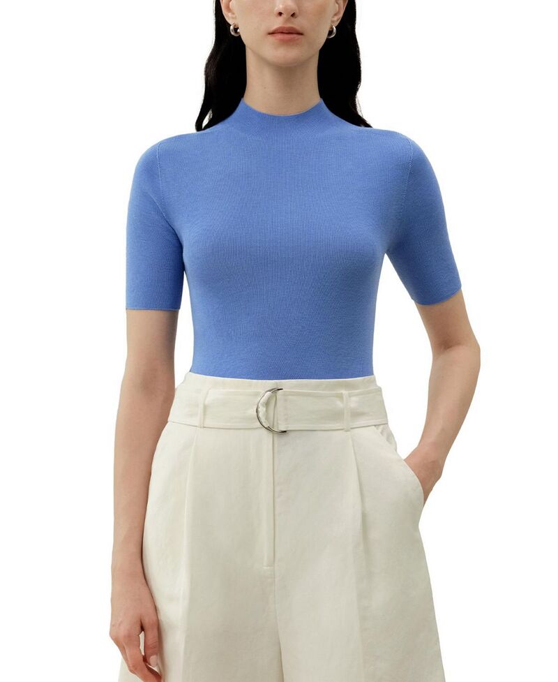 リリー絹地 レディース トップス プルオーバー 綿織物 編み物 LILYSILK Seamlessilk-Cotton Slim-Fit Knitop Malibu Blue 青色