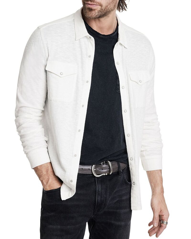 ジョンバルベイトス メンズ トップス プルオーバー 名取り草落ちこむ 綿織物 落ちこむ 編み物 John Varvatos Arvon Cotton Textured Knit Button Down Western Shirt White 白いこと