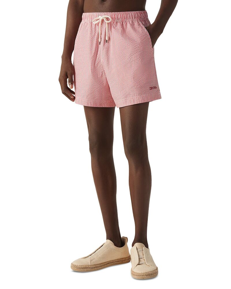 ゼニア メンズ 水泳着 二分の一ズボン下・さる股引き レギュラー填まる ZEGNA Regular Fit Stripe Swim Trunks Dark Pink サクラ色