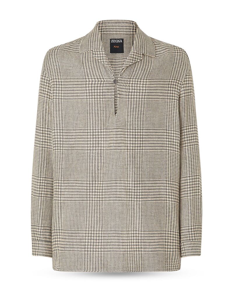 ゼニア メンズ トップス プルオーバー 羊毛 絹地 リネン ZEGNA Prince of Wales Crossover Linen Wool and Silk Shirt Olive Green/ White 白いこと