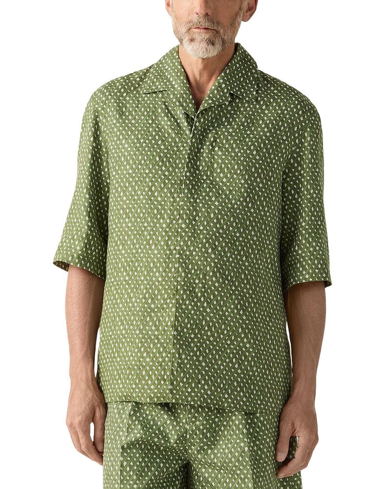 ゼニア メンズ トップス プルオーバー 刷り上げる リネン ZEGNA Oasi Net Print Linen Shirt Pine Green 緑であること
