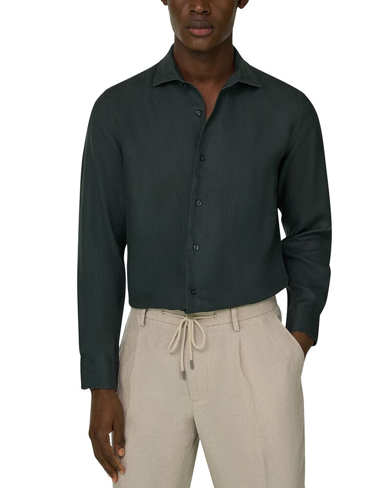 ボッジミラノ メンズ トップス プルオーバー リネン Boggi Milano Bowling Collar Linen Shirt Dark Green 緑であること