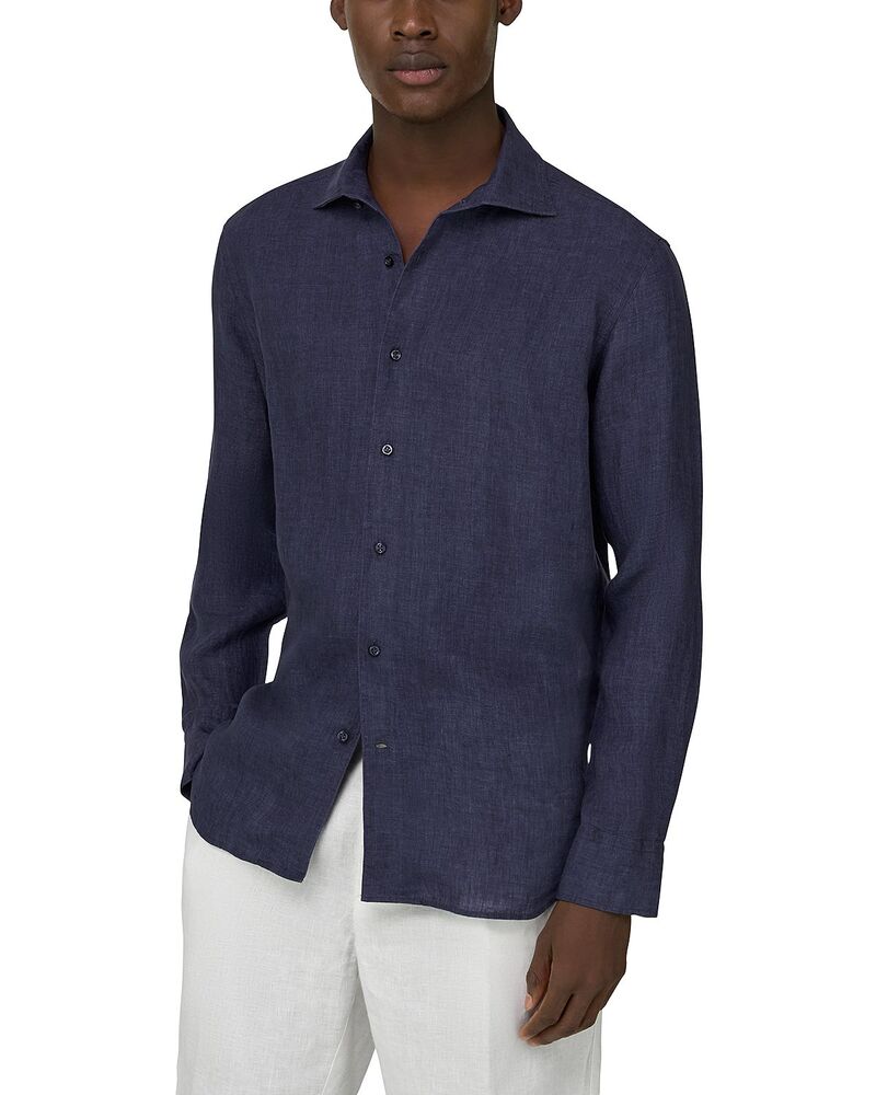 ボッジミラノ メンズ トップス プルオーバー リネン Boggi Milano Bowling Collar Linen Shirt Navy Blue 米国海軍