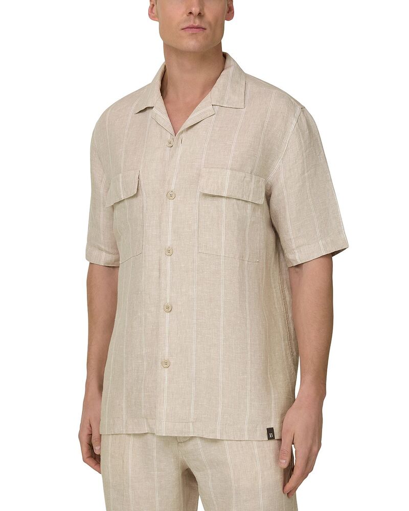 ボッジミラノ メンズ トップス プルオーバー リネン Boggi Milano Camp Collar Stripe Linen Pocket Shirt Sand 沙子