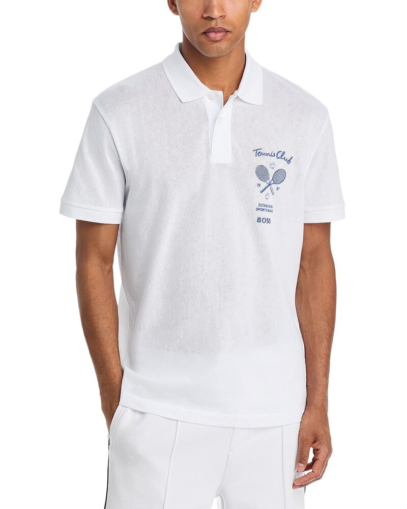 元締め メンズ トップス スポーツシャツ メッシュ ロゴタイプ グラフィック BOSS Tennis Member Mesh Logo Graphic Polo Shirt White 白いこと