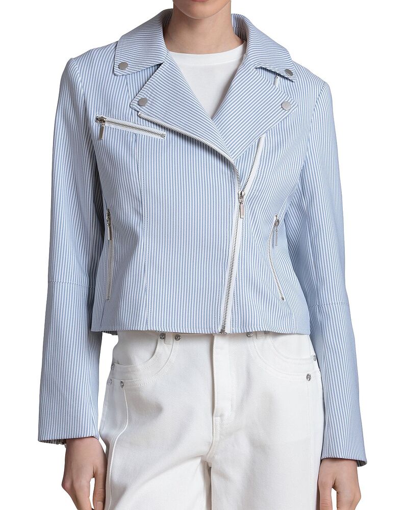 バガテル レディース アウター ジャケット・ブルゾン プリント ニット Bagatelle Printed Knit Biker Jacket Blue-white ホワイト|ReVida 店