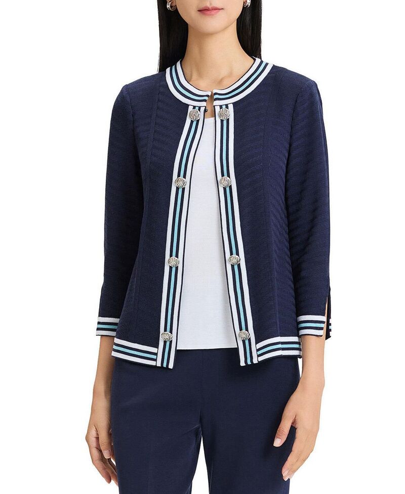 ミンウォン レディース アウター ジャケット・ブルゾン ニット Ming Wang Tonal Herringbone Knit Jacket Indigo Serene White ホワイト｜ReVida 店