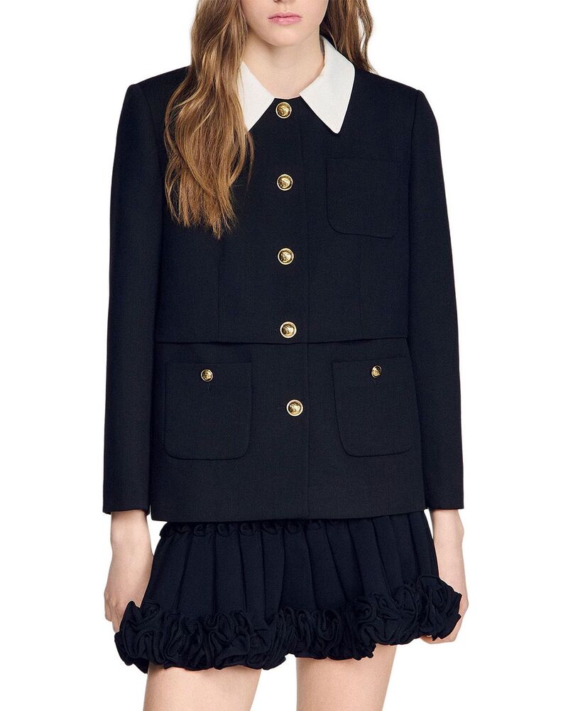 サンドロ レディース アウター ジャケット・ブルゾン ウール コントラスト Sandro Contrast Collar Wool Jacket Black ブラック|ReVida 店