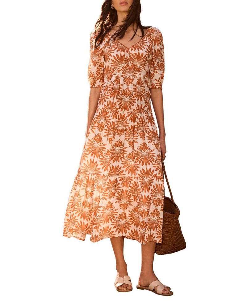 ミルトンベルベット レディース トップス ワンピース Vネック フラワー柄 プリント ミディ フラワー Mint Velvet Women's Floral V-neck Printed Midi Dress Orange オレンジ|ReVida 店