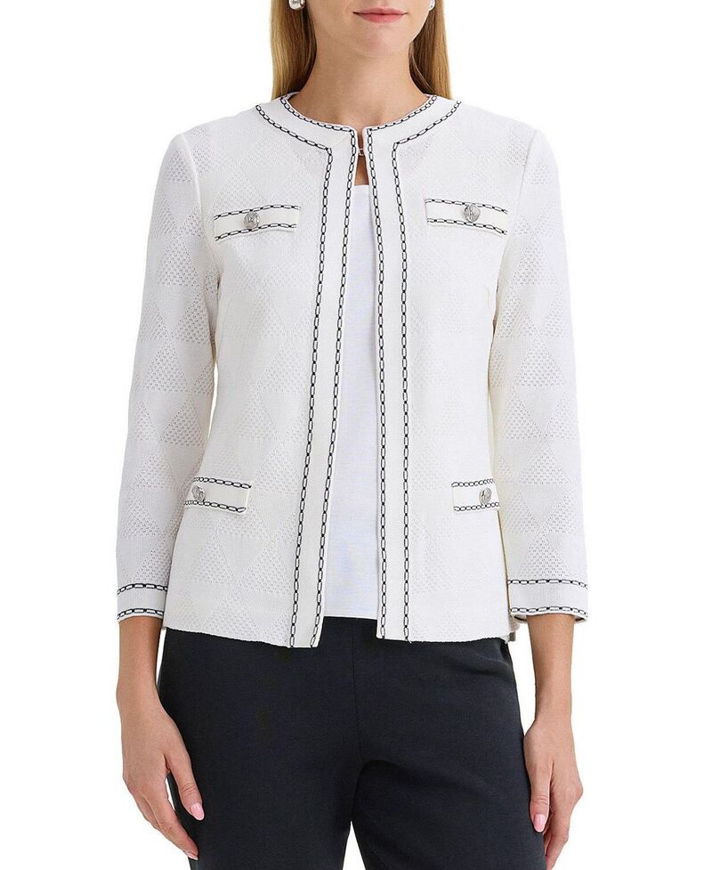 ミンウォン レディース アウター ジャケット・ブルゾン ニット Ming Wang Diamond Faux Link Trim Knit Jacket White Black ホワイト｜ReVida 店