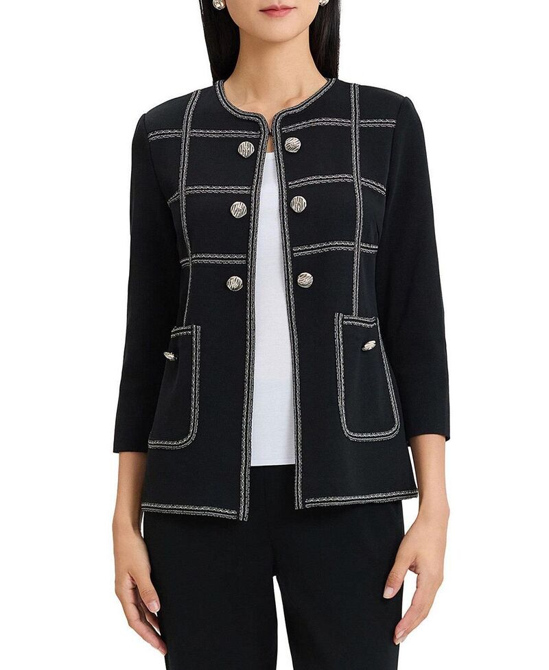 ミンウォン レディース アウター ジャケット・ブルゾン ニット Ming Wang Heritage Grid Trim Knit Jacket Black Ivory アイボリー|ReVida 店