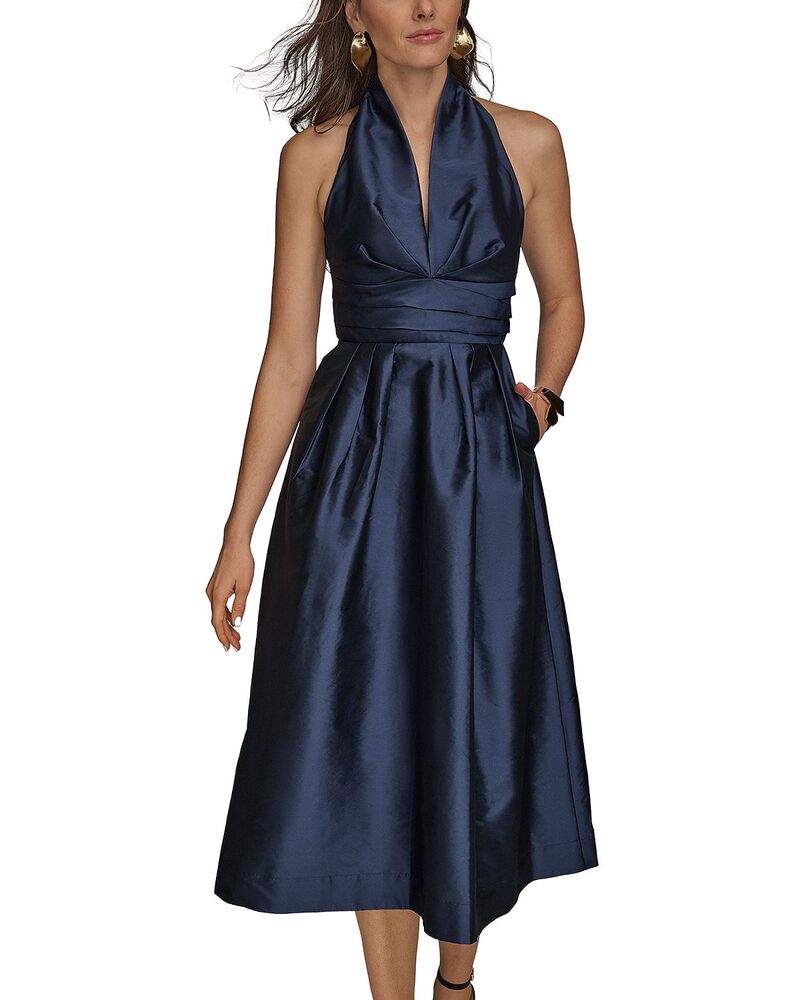 ダナキャラン レディース トップス ワンピース ギャザー ミディ ホルター Donna Karan Halter Neck Ruched Midi Dress Taffeta Blue ブルー|ReVida 店