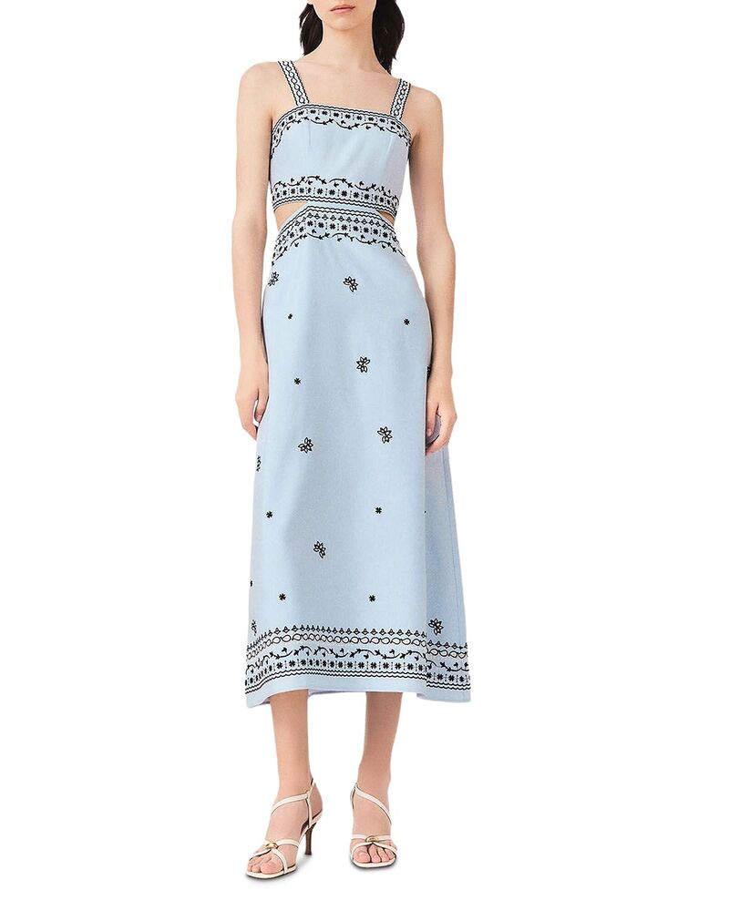 マージュ レディース トップス ワンピース 刺繍 リネン マキシ Majembroide red Linen Blend Maxi Dress Blue Sky ブルー｜ReVida 店
