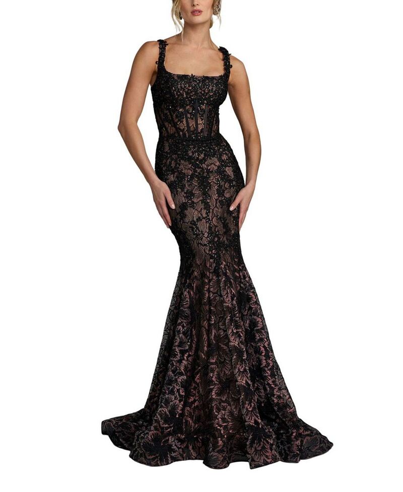 マックダガル レディース トップス ワンピース メッシュ ノースリーブ Mac Duggal Embellished Mesh Sleeveless Trumpet Gown Black ブラック｜ReVida 店
