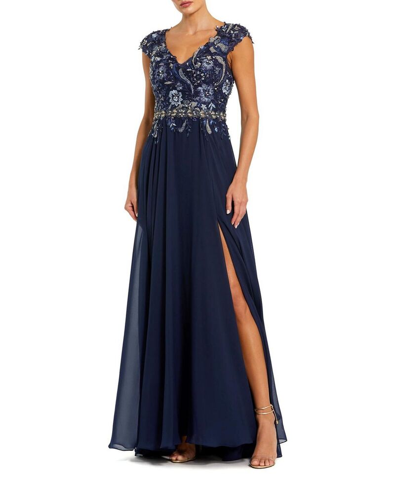 マックダガル レディース トップス ワンピース キャップ Mac Duggal Embellished Cap Sleeve Bodice Flowy Gown Midnight｜ReVida 店