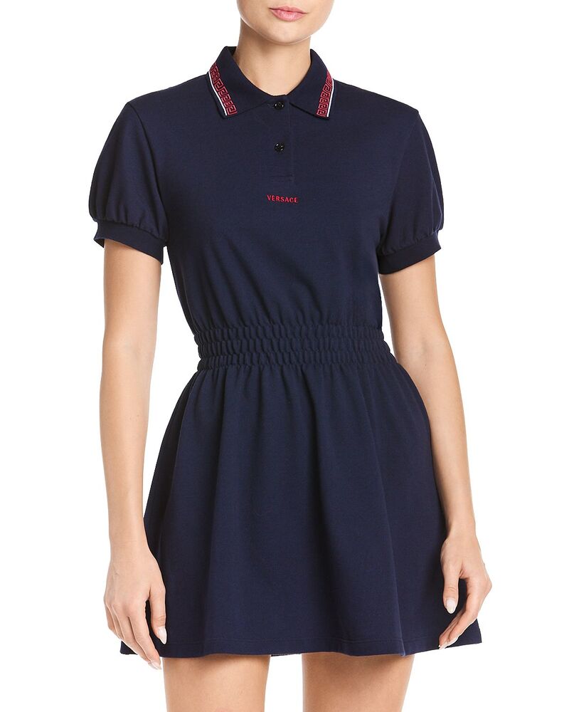 ヴェルサーチ レディース トップス ワンピース ミニ シャーリング Versace Smocked Waist Mini Dress Dark Navy ネイビー｜ReVida 店