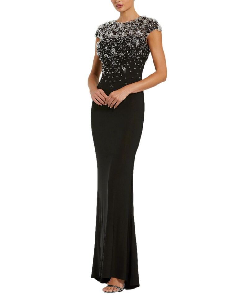 マックダガル レディース トップス ワンピース キャップ ジャージー Mac Duggal Crystal Embellished Jersey Fitted Cap Sleeve Gown Black ブラック｜ReVida 店