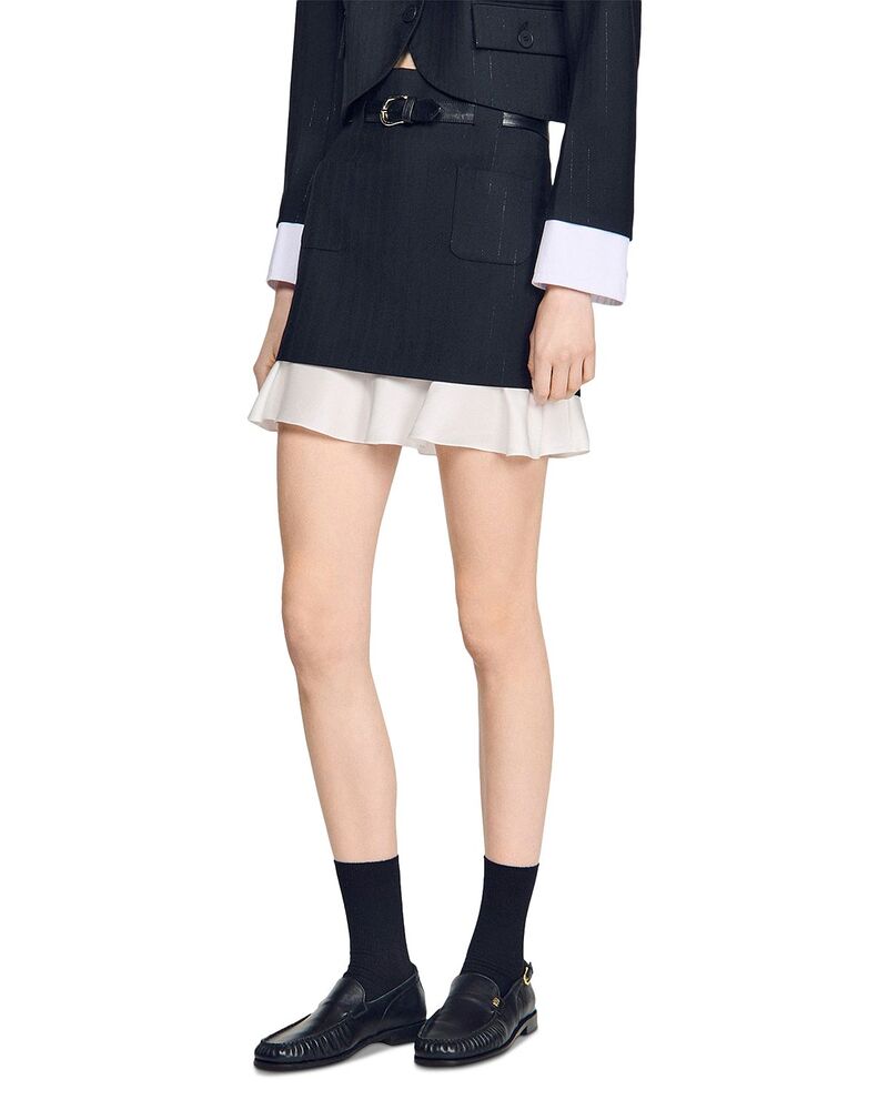 サンドロ レディース ボトムスカート フリル Sandro Short Striped Ruffled Skirt Black ブラック|ReVida 店