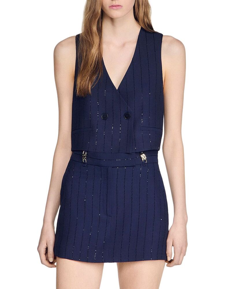 サンドロ レディース ボトムスカート スパンコール Sandro Striped Sequin Skort Dark Navy ネイビー|ReVida 店