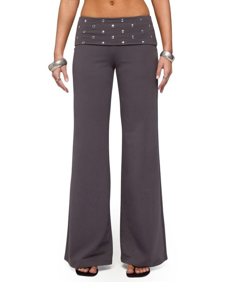 アディクテッド レディース ボトムス カジュアルパンツ ワイドレッグ Edikted Breanna Studded Foldover Wide Leg Pants Dark-Gray グレー|ReVida 店