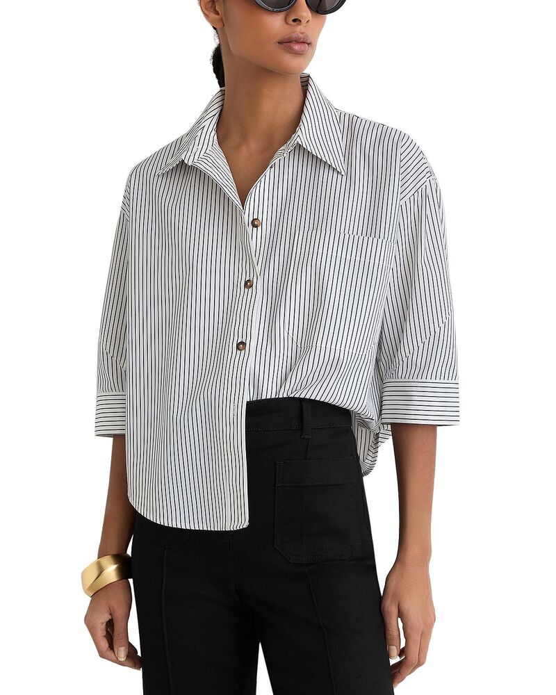 レイス レディース トップス シャツ ボタンダウン コットン ダウン クロップド REISS Cropped Cotton Stripe Button Down Shirt Ivory/Blue アイボリー｜ReVida 店