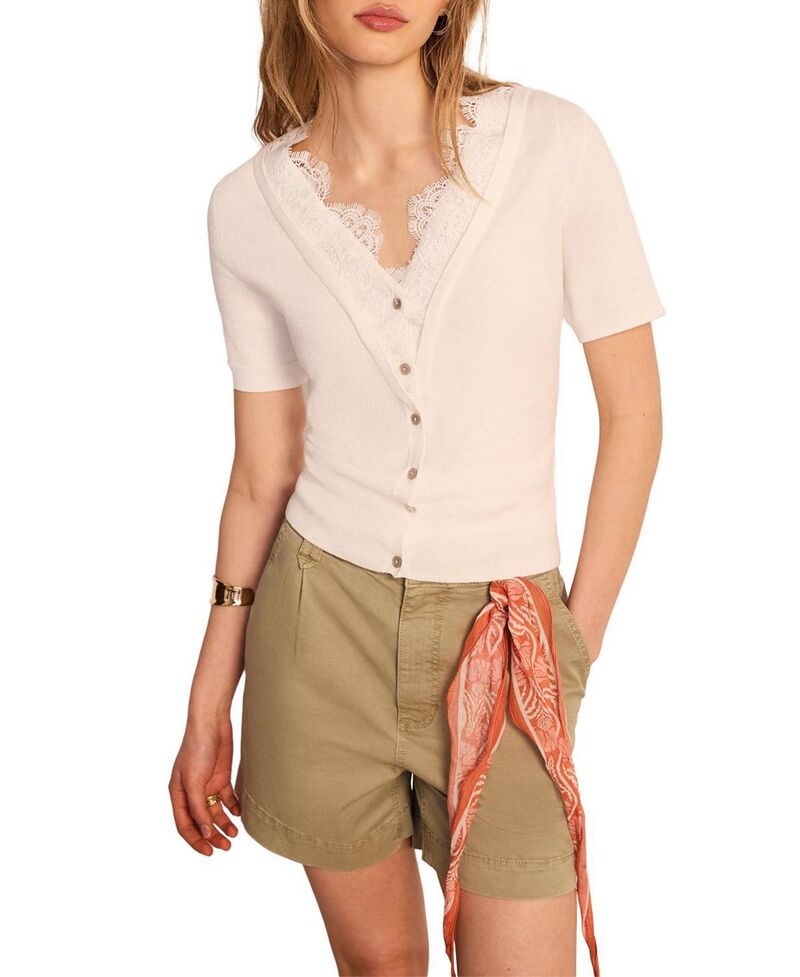 ミルトンベルベット レディース トップス シャツ レーストリム コットン レース Mint Velvet Women's Cotton Lace Trim Top Cream クリーム｜ReVida 店
