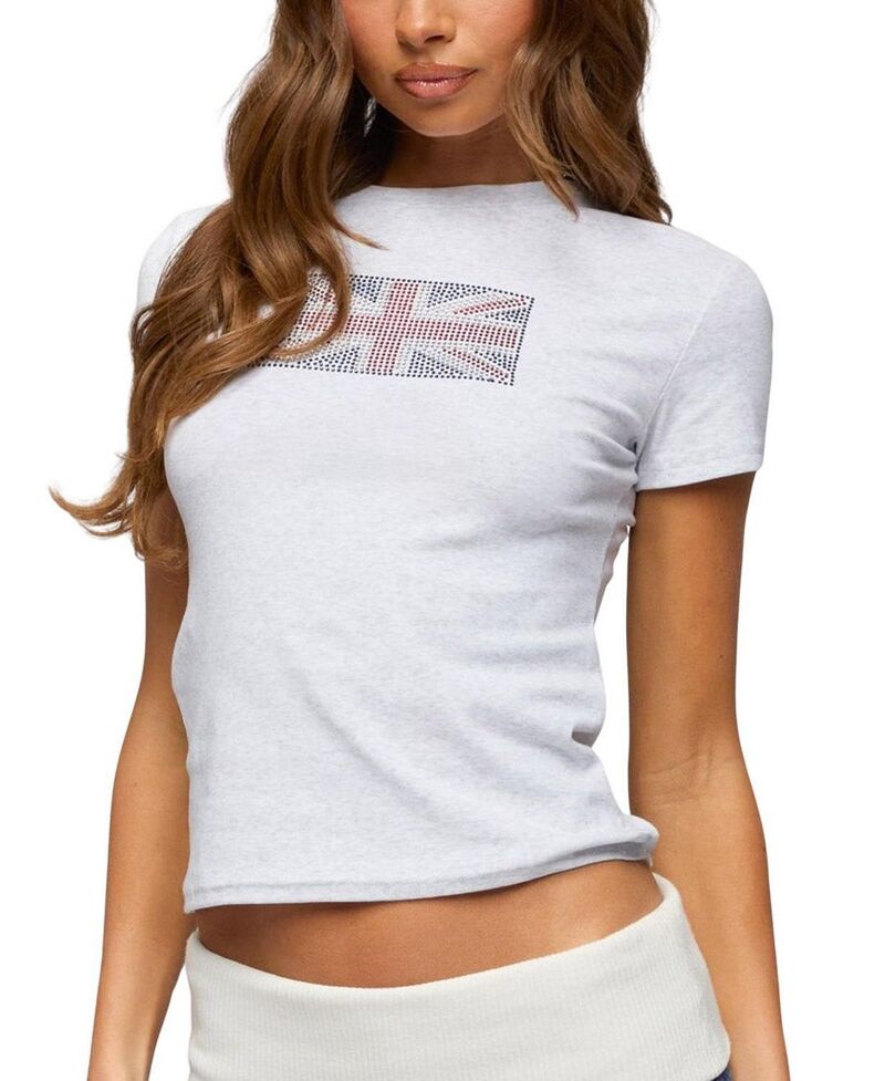 アディクテッド レディース トップス シャツ Edikted Uk Girl Rhinestone T Shirt Light-Gray-Melange グレー|ReVida 店