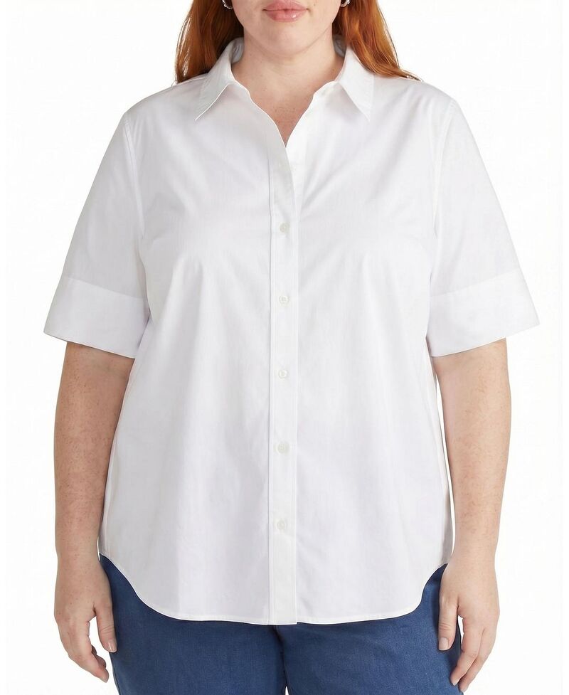 ユニバーサル スタンダード レディース トップス シャツ プラスサイズ Universal Standard Women's Plus Elbe Stretch Poplin Short Sleeve Shirt White ホワイト｜ReVida 店
