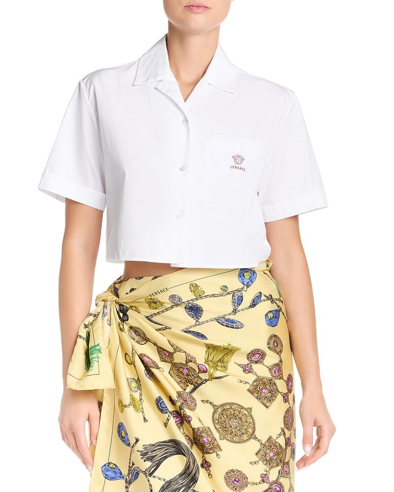ヴェルサーチ レディース トップス シャツ 刺繍 クロップド Versace Cropped Embroide red Shirt Optical White ホワイト|ReVida 店