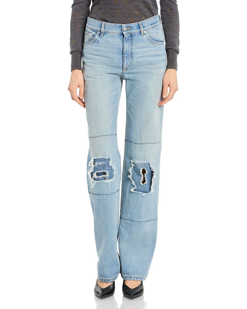 ステラマッカートニー レディース ボトムス デニムパンツ ジーンズ Stella McCartney Distressed Patch Straight Jeans in Mid Blue ブルー｜ReVida 店