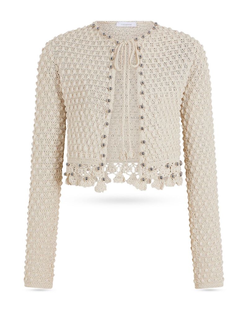 ラバンヌ レディース アウター カーディガン Rabanne Beaded Crochet Cardigan Ecru Fluffy エクリュ｜ReVida 店